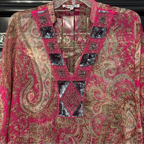 💗 Mira Boho Tunic Dress | Pink Paisley Sequin Embroidered | OS S/M - Picture 3 of 7